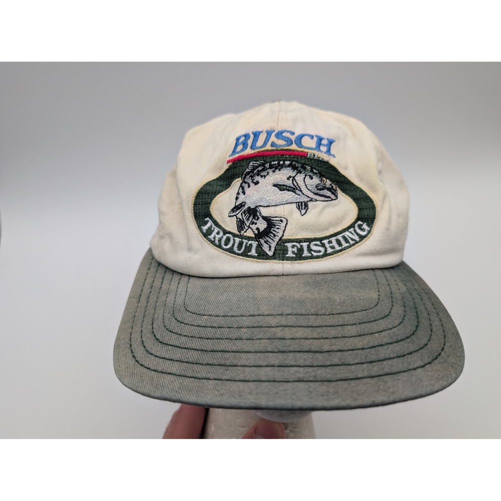 Vintage Busch Trout Fishing Hat Snapback USA Made Cream Green Two Tone Hat